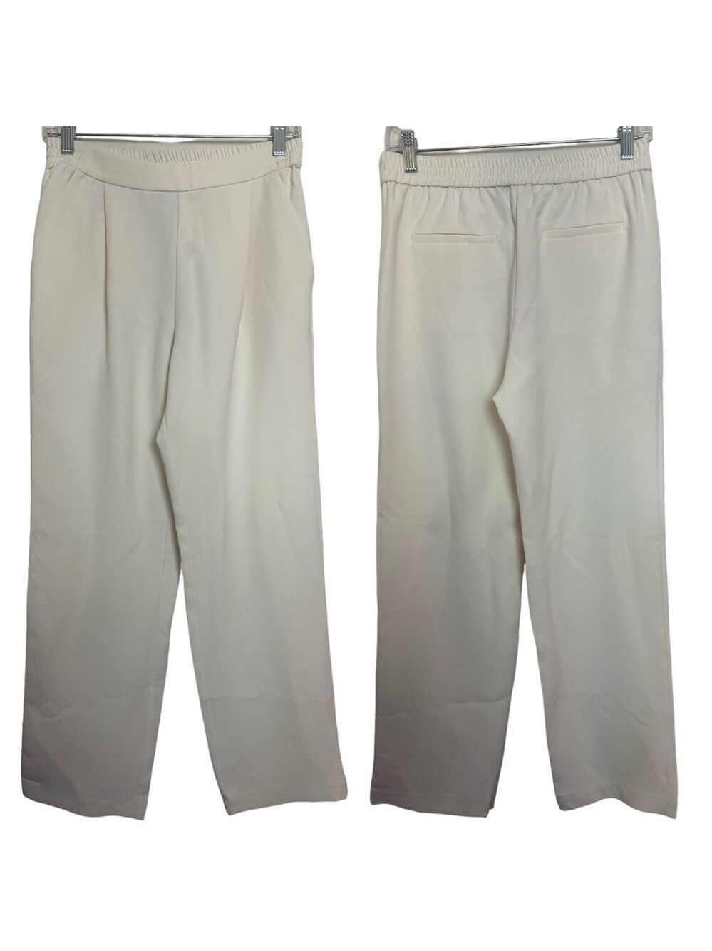Current Air High Rise Pleated Front Elastic Waist Straight Leg Cream Trousers